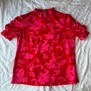 Skid Vibrant Pink and Red Floral Ruffle Short Sleeve Blouse High Neck